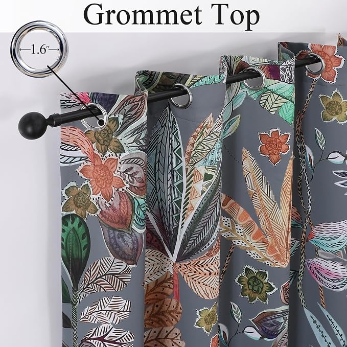Estelar Textiler Grey Blackout Curtains 102 inch Long 2 Panels, Leaf and Petal Pattern Grommet Drapes for Bedroom Living Room,Window Treatment Decor Colorful Maple Leaves Designs Nature Print,52Wx102L
