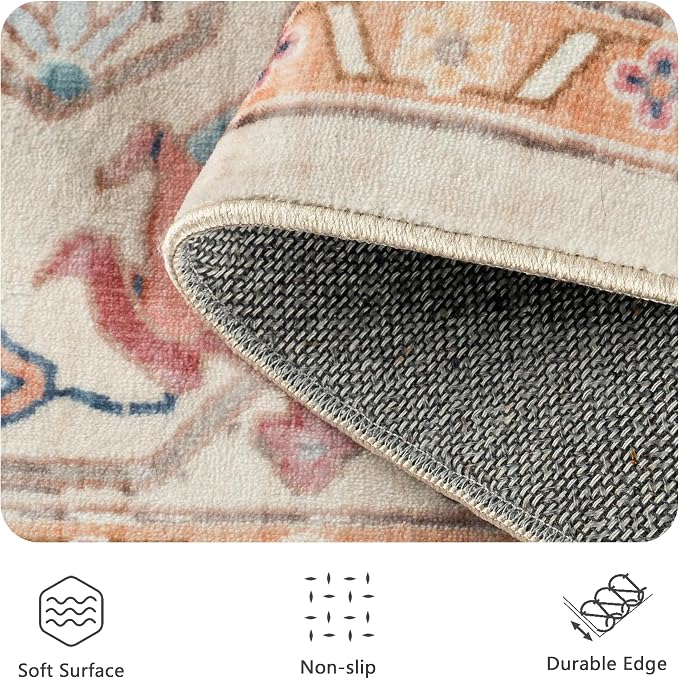 5x7 Area Rugs - Washable Rug Vintage Distress Boho Medallion Rugs for Living Room, Soft Non-Slip Backing Low Pile Carpet for Bedroom Dining Room Office Nursery Dorm Home, Vintage Orange