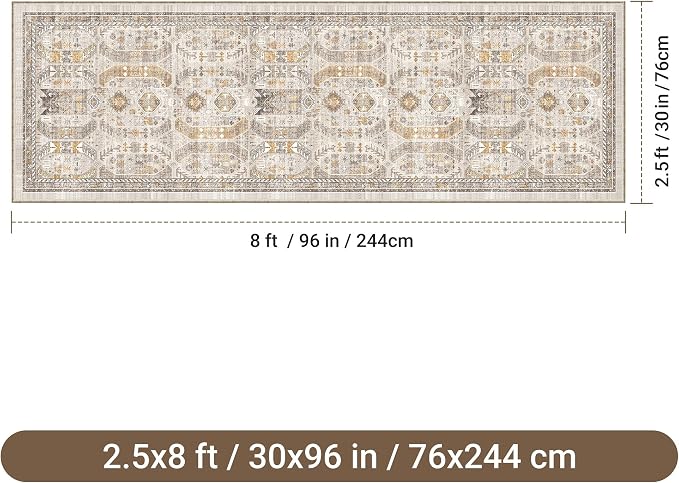 befbee 2.6'x8'Non Slip Runner Rugs - Runners for hallways, Kitchen,Entryway,Stain Resistant Washable Rugs for Bedroom, Indoor Vintage Area Rugs (Brown/Gold, 2.6'x8')