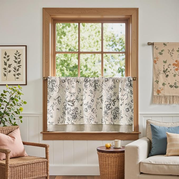 jinchan Linen Kitchen Curtain 24 Inch French Floral Double Layer Curtain Farmhouse Vintage Tier Drape Rustic Half Window Curtain for Living Room Window Treatment Rod Pocket 1 Panel Black on Beige