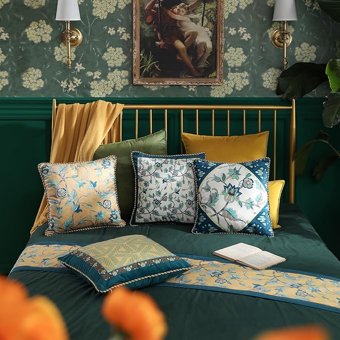 patdrea Designer Throw Pillow Covers 18x18 Inch,Green Classy Velvet Faux Embroidery Vine Floral Collection Pattern,Decorative Square Pillowcases Cushion for Bed Living Room Outdoor Car,Pack of 4