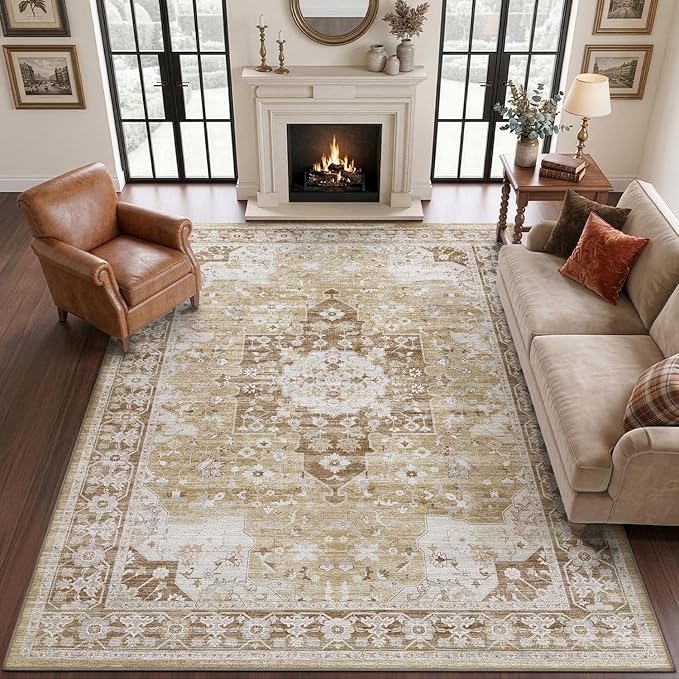 DEXI Washable Area Rug for Living Room 10x14, Vintage Farmhouse Soft Indoor Large Rugs, Stain Resistant Low Pile Carpet with Non Slip Backing for Dining Bedroom Office, Beige