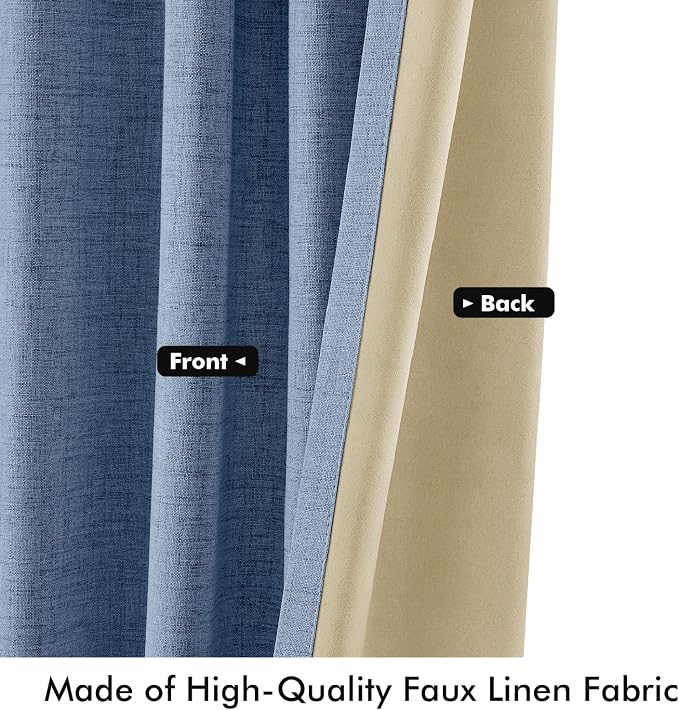 MIULEE 100% Blackout Linen Curtains for Bedroom, Blue Solid Luxury Decor Thermal Insulation Room Darkening Drapes for Living Room Back Tab Rod Pocket 42 x 63 Inches, 2 Panels