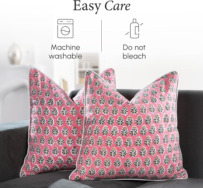 CPC 100% Cotton Throw Pillow Covers 24x24 Inch, Set of 2 Green Block Print Pattern Couch Pillow, Cute Boho Decorative Pillows for Living Room, Bedroom with Hidden Zipper- Poppy Pink
