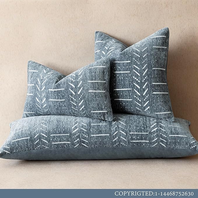 Home Décor Decorative Boho Chenille Throw Pillow Covers Neutral Lumbar Cushion Covers Textured Soft Farmhouse Pillowcase for Couch Sofa Chair Bed Living Room, 12×20 Inch, Set of 2, Dusty Blue