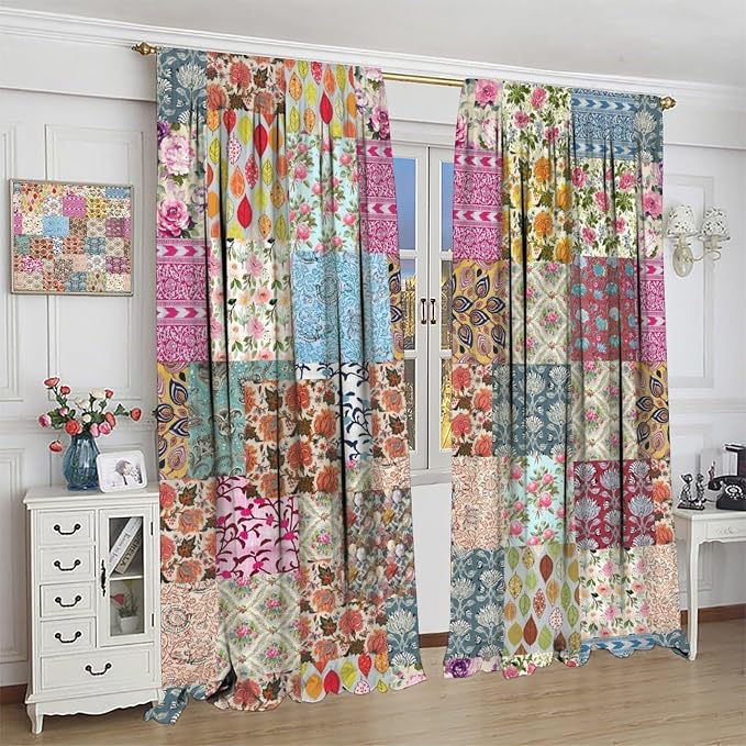 Boho Patchwork Blackout Curtains Farmhouse Patchwork Quilted Country Check Plaid Print Window Drapes for Bedroom Living Room Kitchen Cafe （W21xL63 Inch） x2 Panels