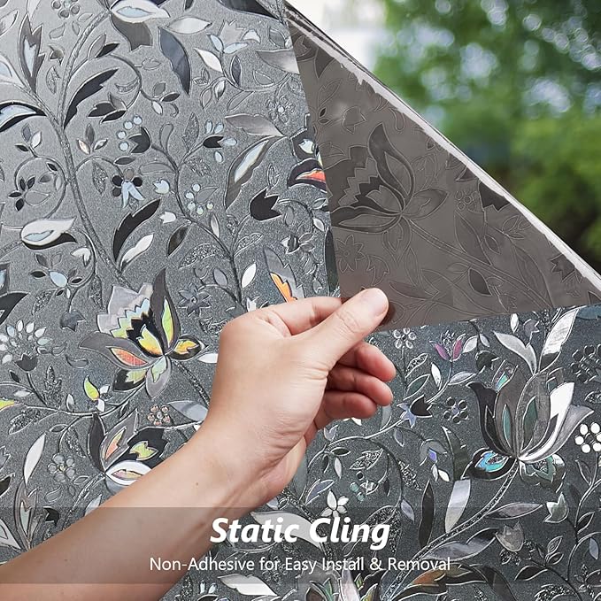 Kromapolis Window Film, Window Privacy Film Frosted, Vinyl Glass Covering, Stained Glass Decorative Film, Static Window Clings, Non-Adhesive (Grayish Black, 23.6 x 78.7 inch)