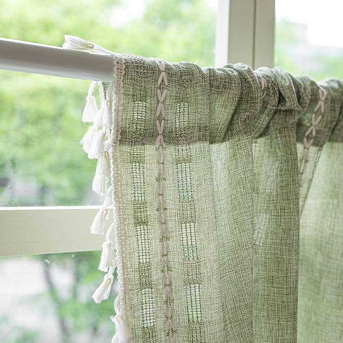 Deeprove Boho Valance Window Kitchen Curtain Over Sink, Short Textured Striped Tassel Drape Tier Embroidered Shabby Chic for Cafe Dining Bathroom Closet, W52 x L18 inch Rod Pocket 1 Panel Sage Green
