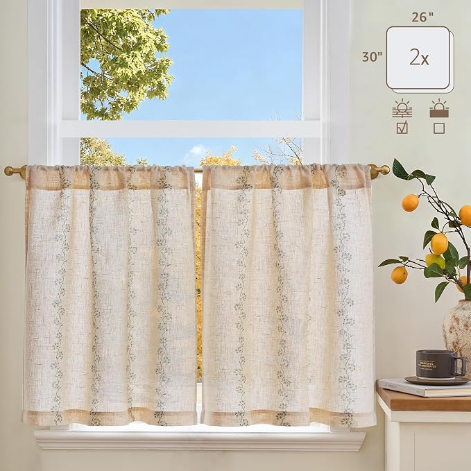 jinchan Katy Linen Floral Kitchen Curtains 30 Inches Length Stripe Cafe Curtains Farmhouse Cottagecore Tier Small Window Drapes for Living Room Light Filtering Rod Pocket 2 Panels Sage Green on Linen