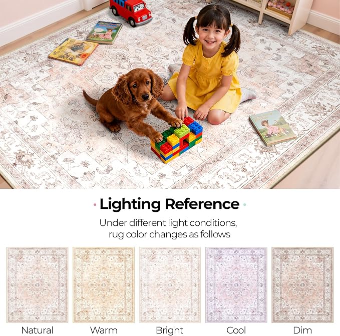 CAPALOCA Machine Washable Rugs Nursery Rug 6x9 Cute Girl Non Slip Low Pile Water Repellent Soft Print Pattern for Bedroom Indoor Decor Kids Playroom Pink