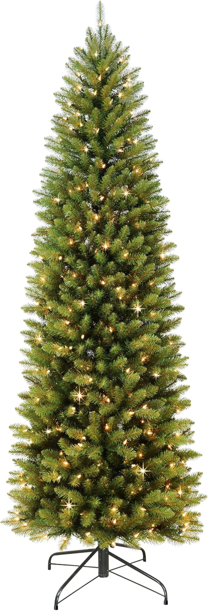 Puleo International 6.5ft Pre-Lit Fraser Fir Pencil Christmas Tree with 250 Clear Lights, 826 Realistic Dense Branch Tips, Easy Setup Artificial Trees with Sturdy Metal Stand