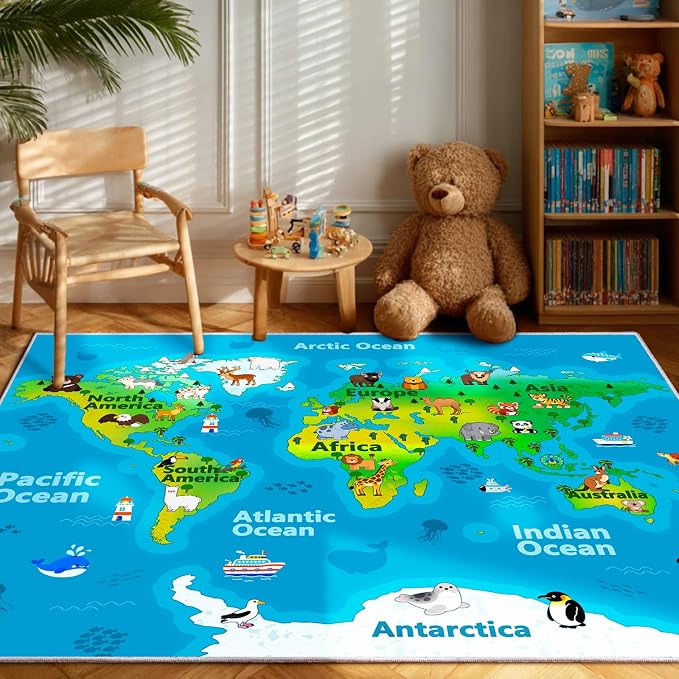 Kids Playroom Rug, 7x9ft World Map Rugs with Cute Animals, Washable Durable Soft Carpet Kid Educational Rugs for Boys Girls Bedroom Nursery Classroom