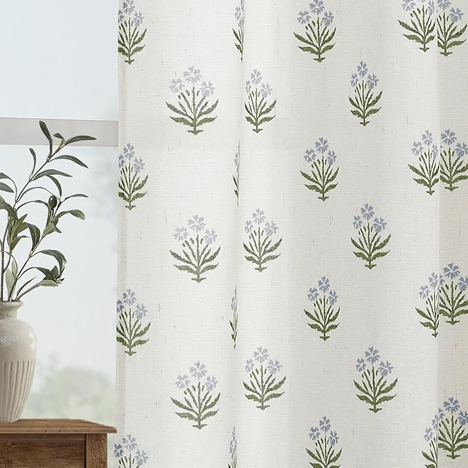 Sheer Curtains 96 Inches Long 2 Panels Set for Sliding Glass Doors,Dusty Baby Blue Linen Floral Country Leaf Curtains for Bedroom Living Room Livingroom