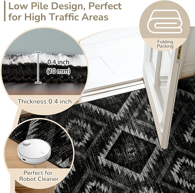 BESTSWEETIE Area Rug 9x12 Rug Machine Washable Non-Slip Low Pile Print Pattern Western Rug for Living Room Bedroom Entryway Tribal Series -Black