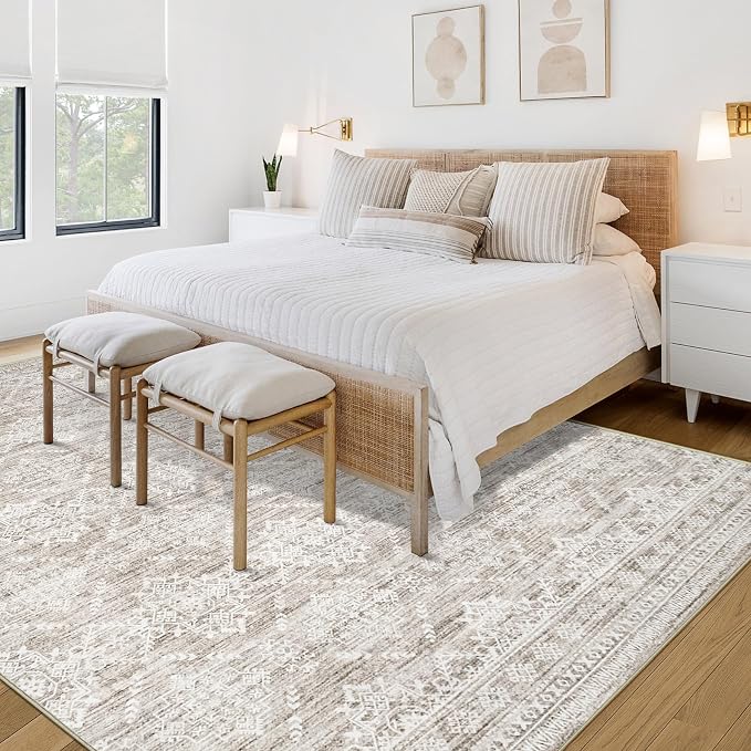 Area Rug Living Room Rugs 5x7 - Large Soft Boho Geometric Rugs, Non-Slip Foldable Washable Area Rug Non Shedding Morden Indoor Floor Carpet for Living Bedroom Office Dining Room(Ivory Mocha,5'x7')