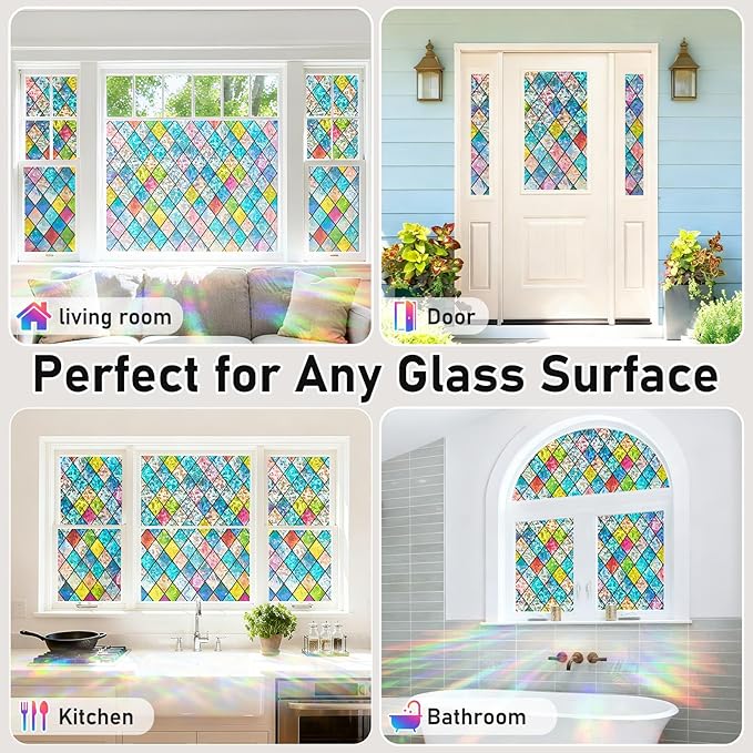 Sunbaby Window Privacy Film Stained Glass Decorative Rainbow Window Cling 3D Static Clings Colorful for Home Decoration, Anti-UV & Heat Control Non-Adhesive (29.5"x78.7")