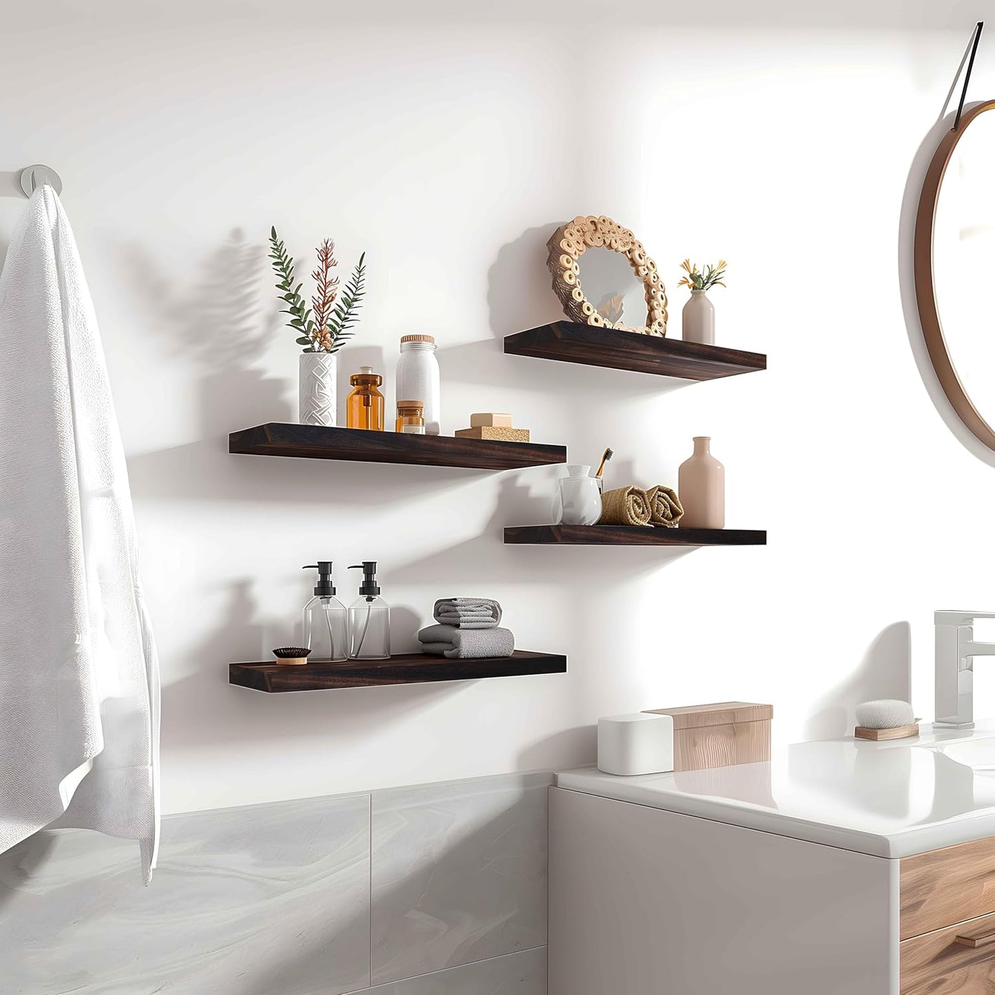 Wood Floating Shelves for Wall Decor, Rustic Wall Shelves for Bedroom Bathroom Kitchen Living Room, Set of 6 Walnut