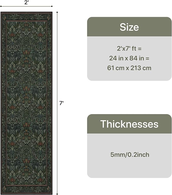 GENIMO 2x7 Washable Runner Rug for Hallway, Non Slip Mat, Dark Green | Vintage Boho Floral Low Pile Thin Mat for Entryway, Kitchen, Bedroom, Indoor Decor