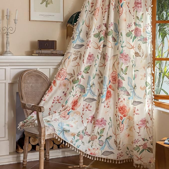 OYX Boho Floral Curtains 63 Inch, Linen Farmhouse Flower Drapes with Lace & Tassels, Light Filtering Semi Sheer Curtains for Living Room Bedroom, 2 Panels