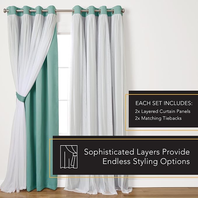 TOWN & COUNTRY LUXE Talia Double Layer Indoor Curtains, Sheer and Room Darkening Blackout, Grommet Top, Energy Efficient, 2-Pack Set, 52"x96", Turquoise