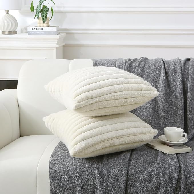 Decorative Throw Pillow with Inserts, Set of 2 Soft Faux Fur Throw Pillows, Square Boho Striped Pillow for Couch, Bed, Sofa Decor (Beige, 20" x 20"(Pack of 2))