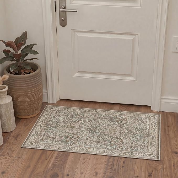 GENIMO 8x10 Washable Area Rugs for Living Room, Non Slip, Brown | Vintage Boho Floral Low Pile Thin Carpet for Bedroom, Dining Room, Nursery, Indoor Decor