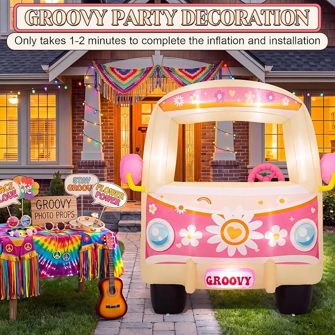 Soulchen 6ft Inflatable Hippie Bus with LED Lights and Powerful Blower Retro 60s 70s Boho Groovy Party Decoration Photo Booth Selfie Frame for Birthday Baby Shower Carnival