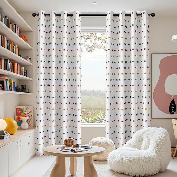 MEETSKY Colorful Pom Pom 100% Blackout Curtains for Girls Bedroom 95 Inch Long 100% Light Blocking Curtains for Living Room 2 Panels Room Darkening Grommet Double Layer Drapes 52W x 95L