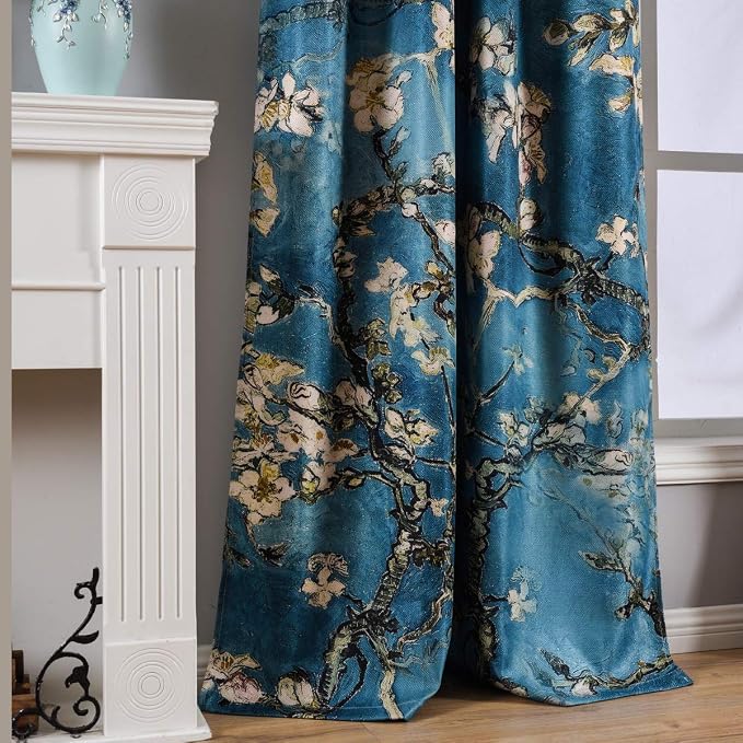 Taisier Home Chinese Style Plum Blossom Curtains - Blue Artistic Print, 84 Inches Long for Living Room and Bedroom - Personalized Pattern Window Treatment, 2 Panels Set