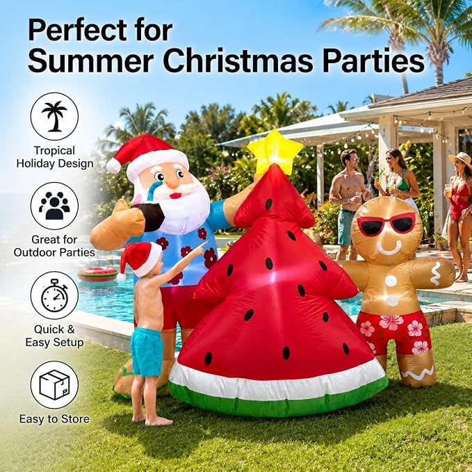 5.7FT Christmas in July Santa Inflatable Outdoor Decoration, Hawaiian Santa with Watermelon Tree and Gingerbread Man, Pre-Lit Blow Up Christmas Yard Decor with LED Lights for Lawn Garden