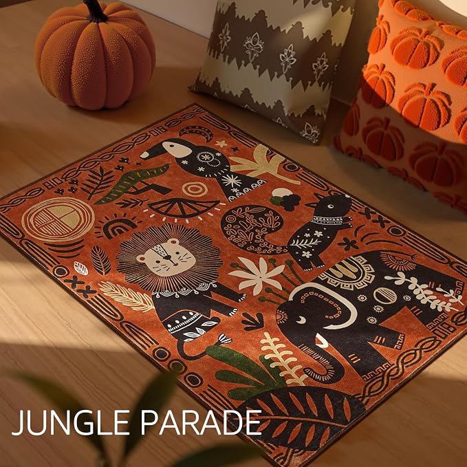 jinchan 2x3 Cute Area Rug Kids Washable Fun Rug Terracotta Boho Jungle Small Mat Non Slip Safari Doormat Lightweight Soft Cozy Throw Carpet for Entryway Nursery Playroom Bedside Bathroom