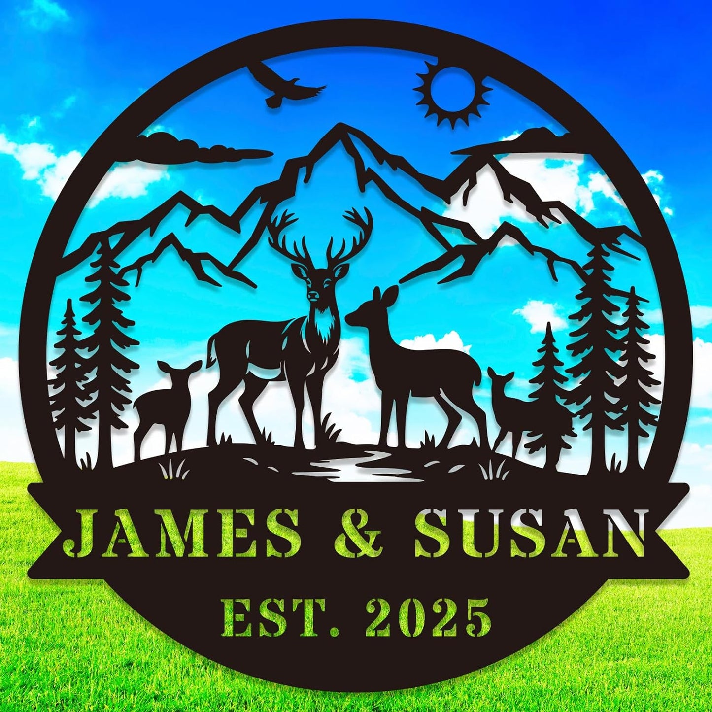 Personalized Rustic Metal Deer Cabin Sign, Outdoor Welcome Sign for Front Porch, Great Custom Metal Name Sign Gift for Hunters, Farmhouse Cabin Decor