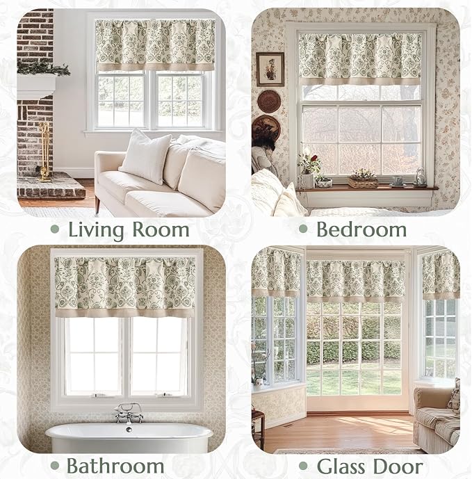 jinchan Linen Valance Kitchen Curtain for Windows Double Layer 16 Inch for Living Room Bedroom Window Treatment Light Filtering Vintage Rustic Farmhouse Cottagecore Rod Pocket 1 Panel Green on Beige