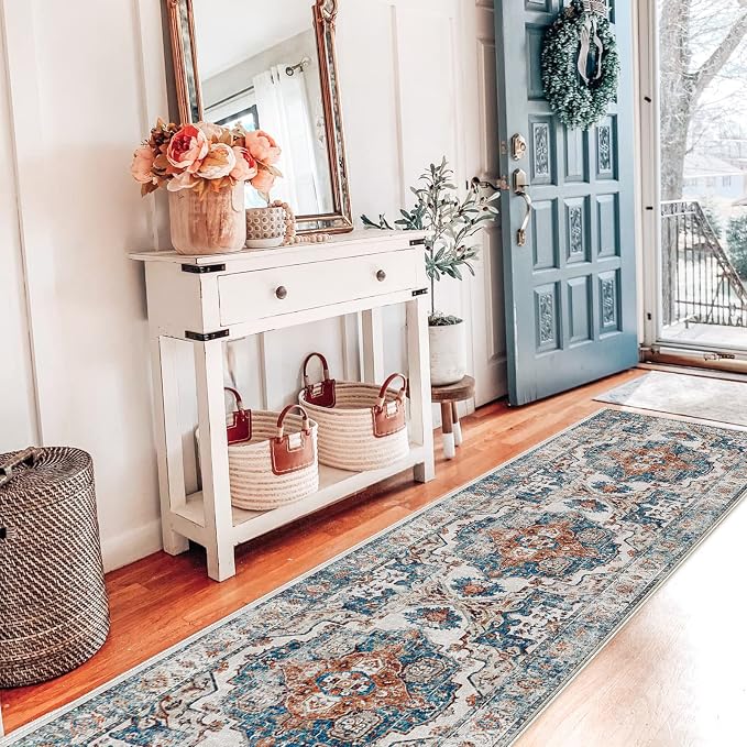 Hallway Washable Runner Rug - 2x7 Kitchen Rugs Entryway Rug Runner Vintage Soft Floor Mat Non Slip Indoor Farmhouse Carpet for Bathroom Living Room Bedroom (2 X 7, Brick)