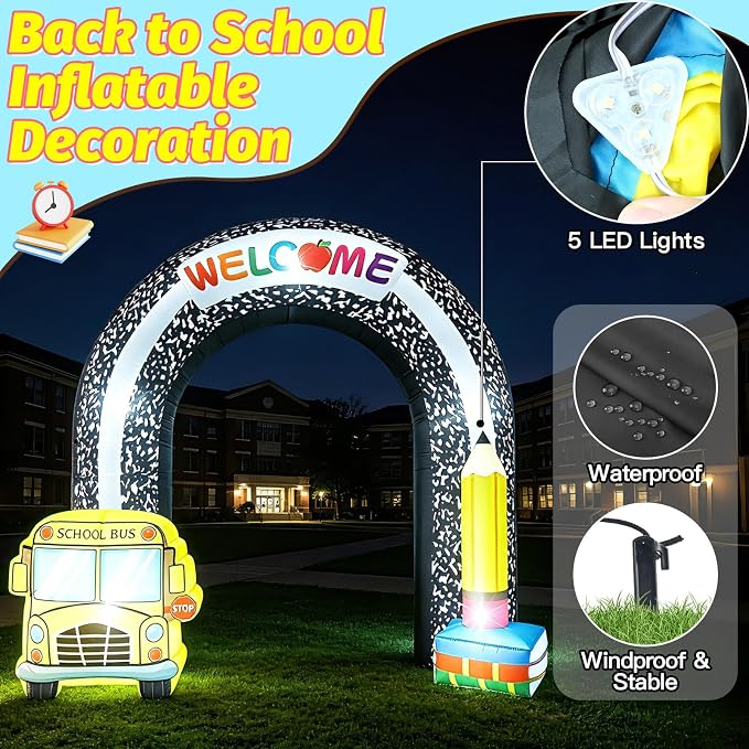 8FT Welcome Back to School Inflatable Arch Outdoor Decorations, Composition Blow Up Arch with Pencil School Bus Built-in 5 LED Lights for First Day of School Party Garden Yard Lawn Photo Backdrop