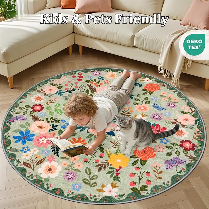 Round Area Rug for Living Room: 4 ft Floral Washable Circle Rug Soft Boho Non-Slip Carpet Indoor Stain Resistant Low Pile Small Circular Rug for Bedroom Entryway Kitchen Nursery Home Office Green