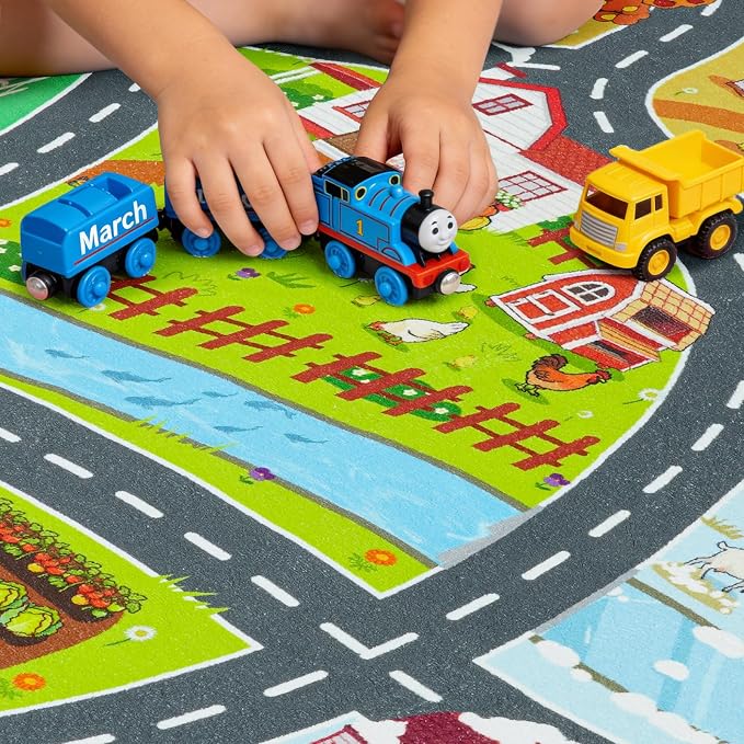 Kids Car Rug Play Mat for Toy Cars, Round 47" Town Country Barn Track Four Seasons Farm Traffic Carpet, Non-Slip Washable Area Rug for Kids Room Bedroom Play Area, Fun Learning Rugs for Children