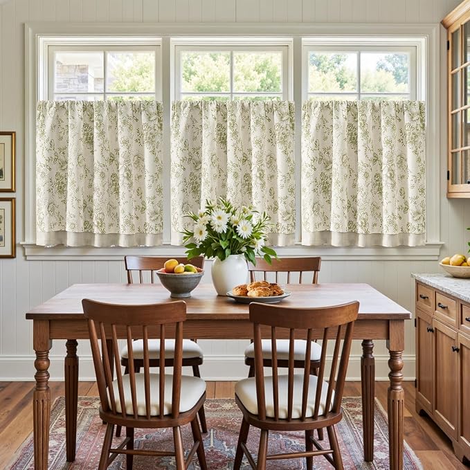 jinchan Linen Kitchen Curtain 36 Inch French Floral Double Layer Curtain Farmhouse Vintage Tier Drape Rustic Half Window Curtain for Living Room Window Treatment Rod Pocket 1 Panel Green on Beige