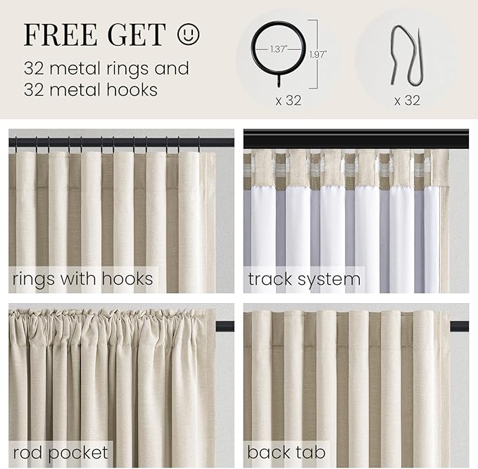 Topfinel 100% Blackout Natural Linen Rod Pocket & Back Tab Drapes for Bedroom, 92 Inch Long Cream Beige Panels for Sliding Glass Doors, Farmhouse Aesthetic Window Drapery, Cream Beige 52" W*92" L