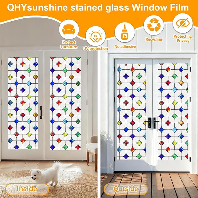 Stained Glass Window Film - Non-Adhesive Colorful Privacy Film | Privacy Protection, Reusable & Renter Friendly | Perfect for Bedroom/Bathroom Room Decor (Frosted Mosaic, 17.5 X 78.7 in)