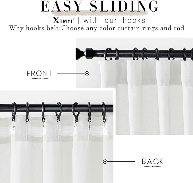 Sheer White Curtains 120 Inches Long for Living Room 2 Panels Set Hang with Clip Rings Back Tab Semi Transparentes Light Filtering Linen Cotton Blend XL Drapes Curtains Rod Pocket,50x120 in Length