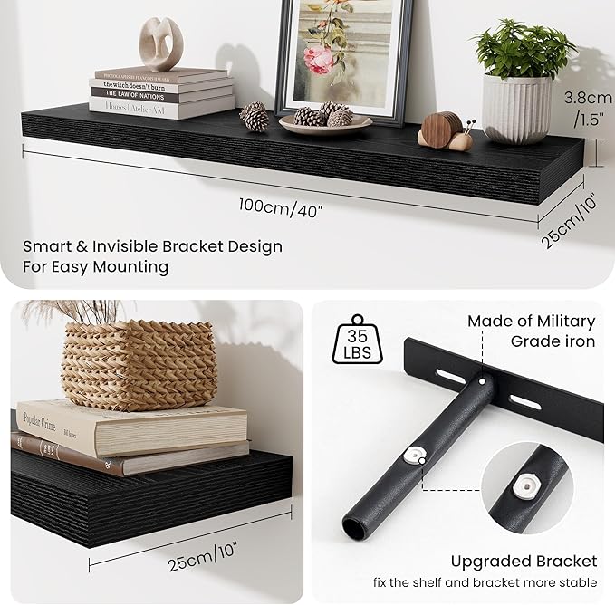 Fun Memories Floating Shelves Set of 2, 40 Inch Long Wooden Wall Shelves, 10 Inch Deep Wall Mounted Storage Shelf with Metal Brackets for Living Room, Bathroom, Bedroom and Kitchen, Black