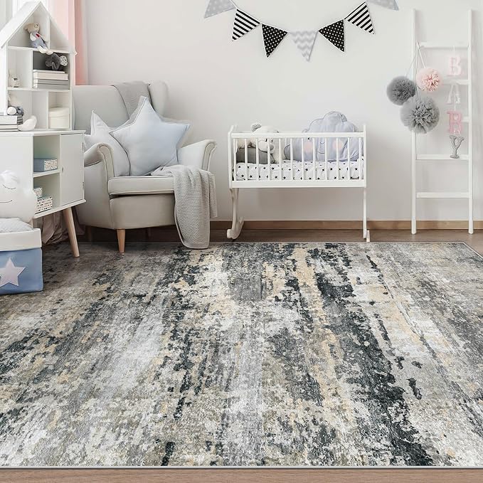 pmtsns Area Rugs 5x7 for Living Room: Washable Rug Modern Abstract Neutral Soft Non-Slip Low-Pile Indoor Carpet for Bedroom Dining Room Playroom Home Office (Black Grey Brown, 5'x7')