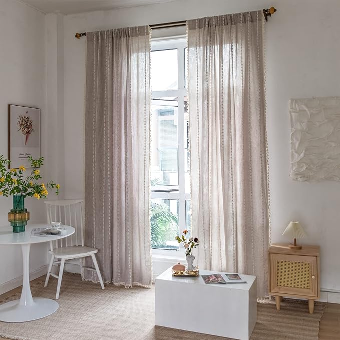 RoomTalks Boho Farmhouse Curtains for Bedroom Living Room 84 Inch Length in Tan French Cabin Rustic Country Cute Cotton Polyester Window Curtain Panels Bohemian Chic Tassel Draperies, 84’’L x 52’’W