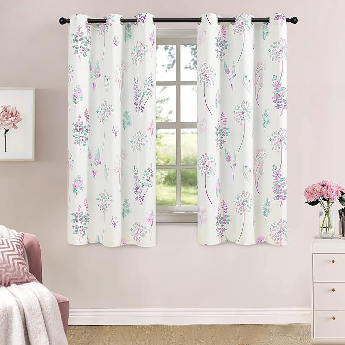 Purple Curtains for Girls Bedroom Aesthetic with Lavender Grey Floral Print 80% Blackout Light Darkening Preppy Black Out Cute Curtains for Kids Room Nursery Teen Girls Room Decor,63 Length 2 Panels