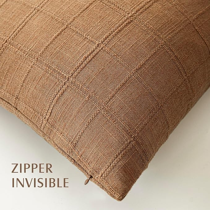 Foindtower Set of 2 Decorative Linen Check Throw Pillow Covers Neutral Farmhouse Vintage Cushion Covers Modern Boho Home Decor for Sofa Chair Couch Bedroom Living Room,24×24 Inch,Brick