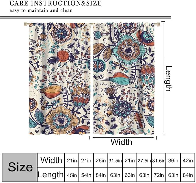 Floral-Print Curtains, Colorful Bohemian Floral and Vintage Botanical Patterns, Blackout Curtains for Bedrooms, Living Rooms, and Kitchens72X63 Inch