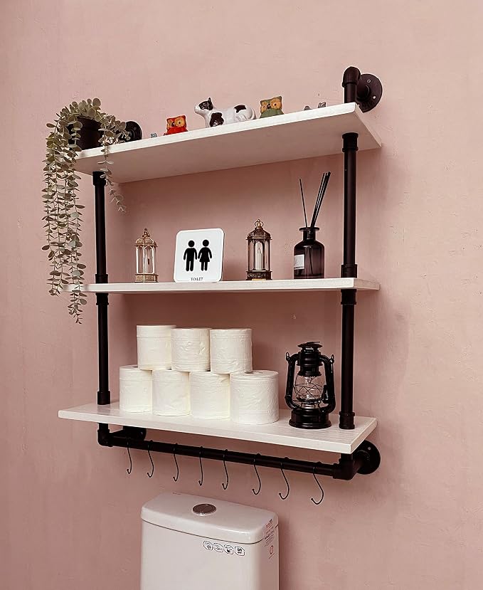 30 inch Retro White Rustic Bathroom Shelves Farmhouse Pipe Wall Shelves | Industrial Pipe Shelving Floating Shelves with Towel Rack for Kitchen Storage,Living Room,Bedroom