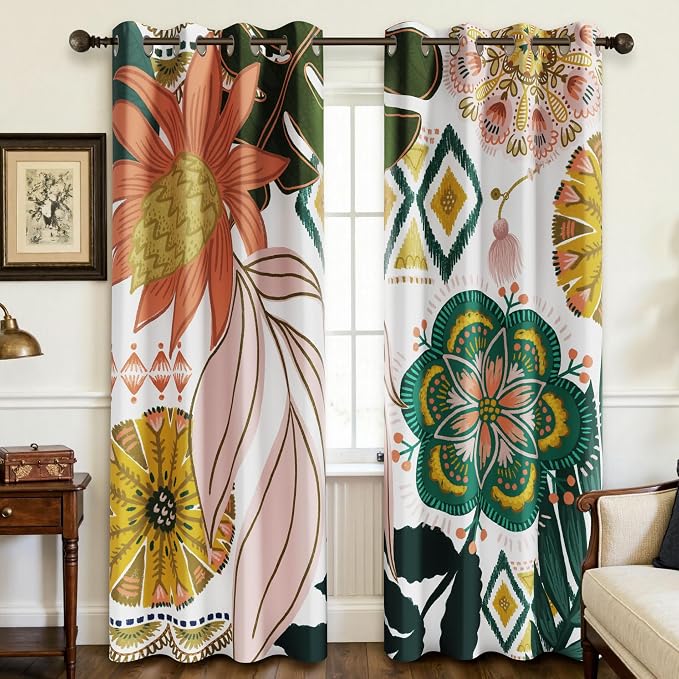 Tyrot Boho Floral 100% Blackout Curtains for Living Room 72 inch Long 2 Panels Mid Century Botanical Black Out Curtains for Bedroom Grommet Thermal Insulated Room Darkening Window Drapes,52Wx72L