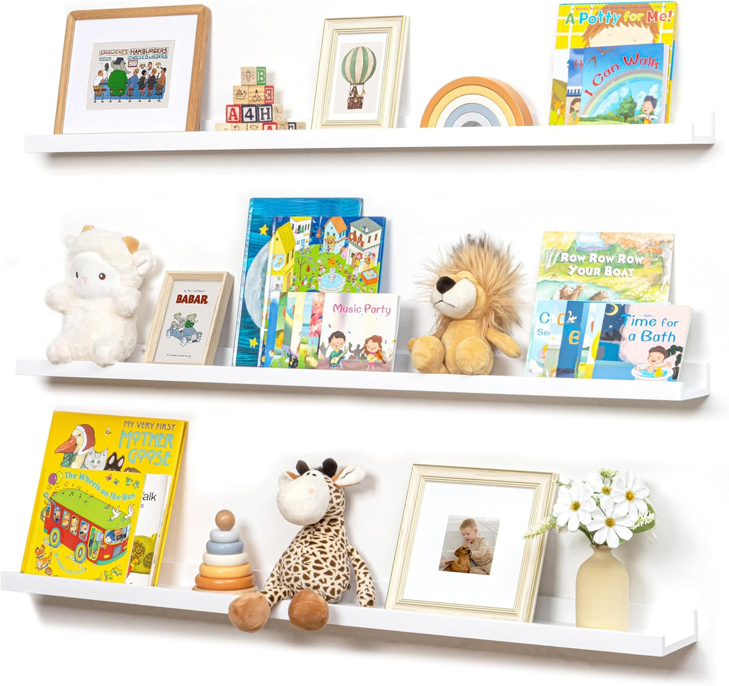 Picture Ledge Shelf for Wall, 48 inches Solid Pine Wood Nursery Book Shelves 3 Pack, Floating Ledge Shelves for Kids' Room, Bedroom, Bathroom Long Floating Shelves for Wall, White